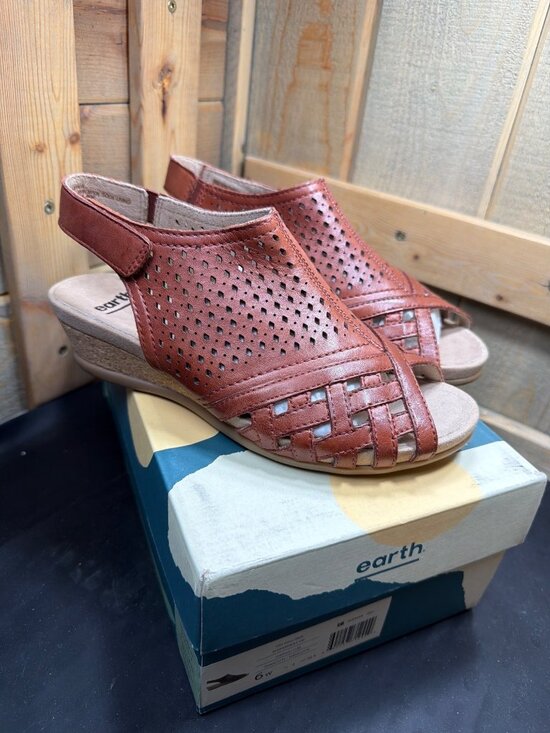 Earth Shoes - Earth Womens 6 W Wide Pisa Galli Terracotta Brown Leather Wedge Sandals Comfort